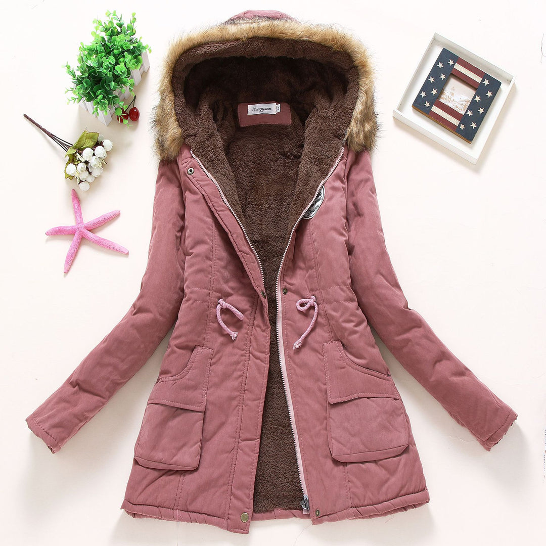 Damen Gesteppte Winterjacke mit Abnehmbarem Kunstfellkragen und Praktischen Aufgesetzten Taschen EB