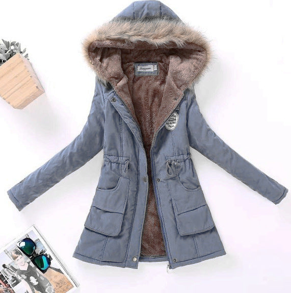 Damen Gesteppte Winterjacke mit Abnehmbarem Kunstfellkragen und Praktischen Aufgesetzten Taschen EB