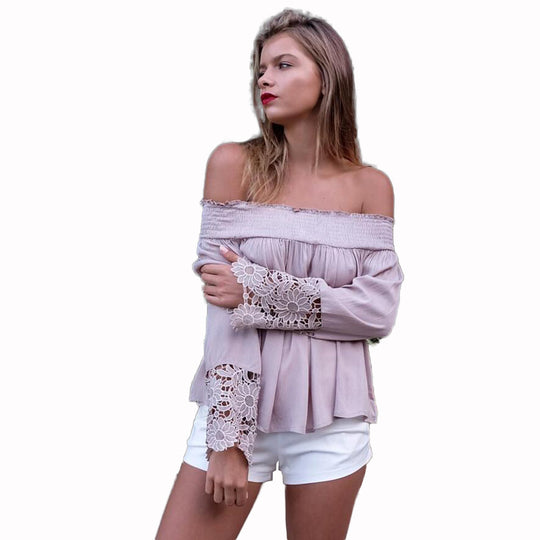 Damen Bluse mit schulterfreiem Design und floralen Spitzenärmel EB