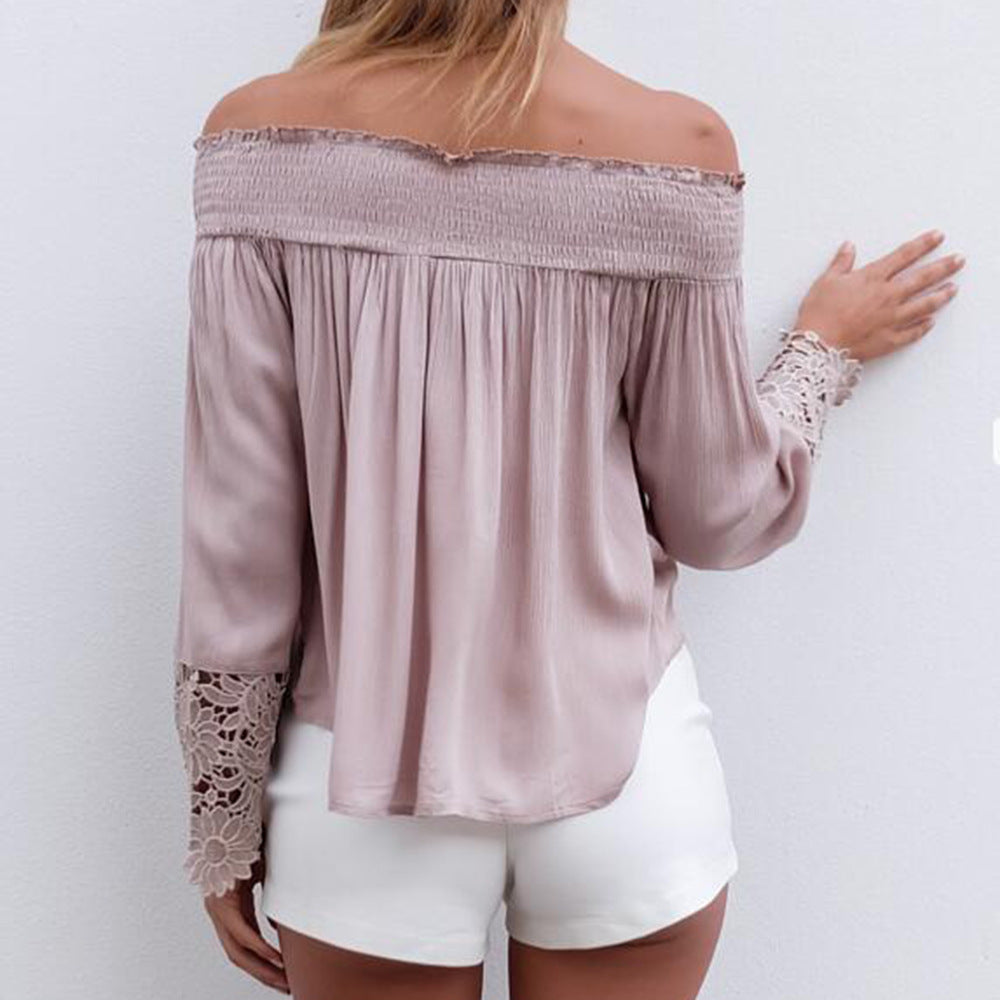 Damen Bluse mit schulterfreiem Design und floralen Spitzenärmel EB