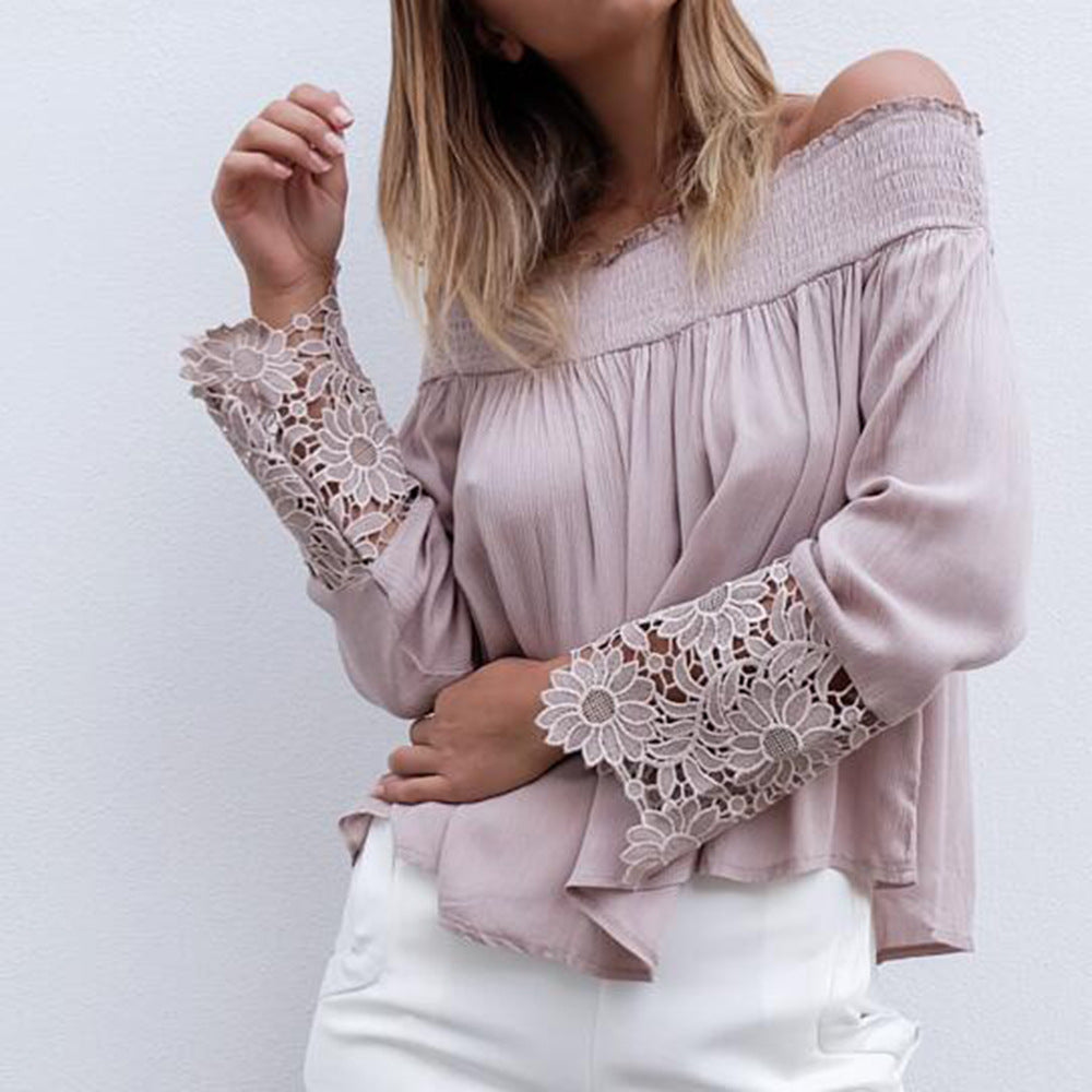 Damen Bluse mit schulterfreiem Design und floralen Spitzenärmel EB