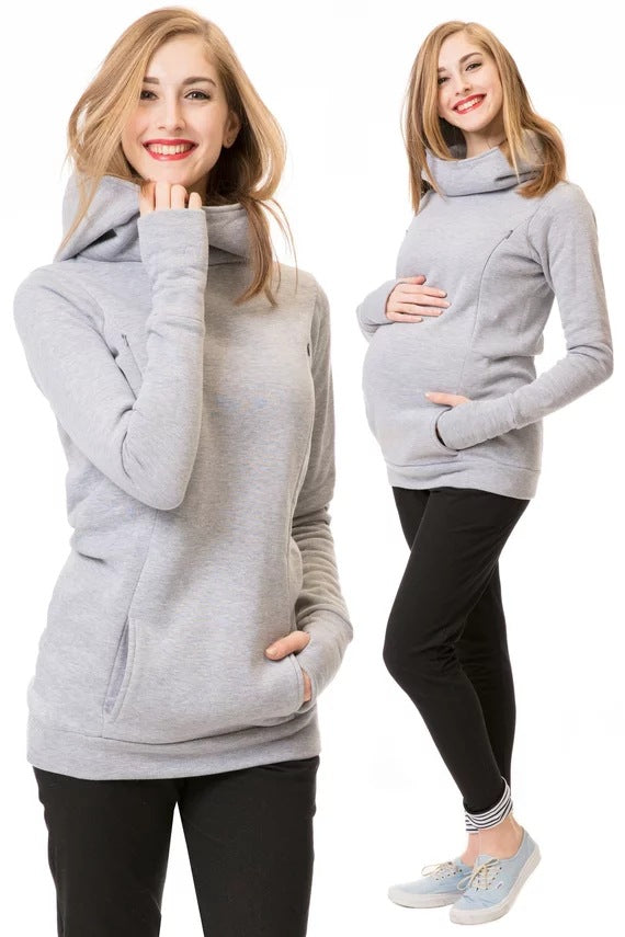 Damen Kapuzenpullover mit weitem Schlauchkragen, Daumenlöchern und Kängurutasche EB