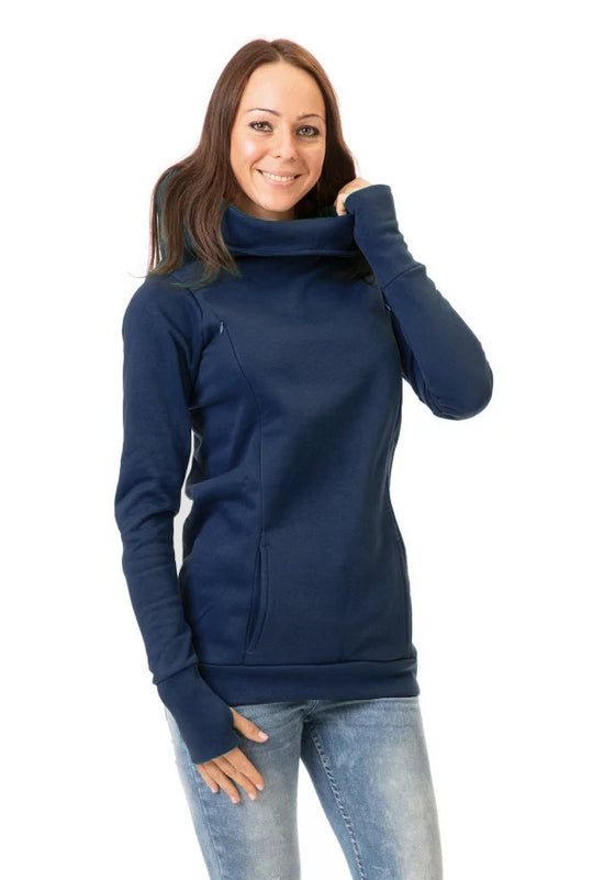 Damen Kapuzenpullover mit weitem Schlauchkragen, Daumenlöchern und Kängurutasche EB