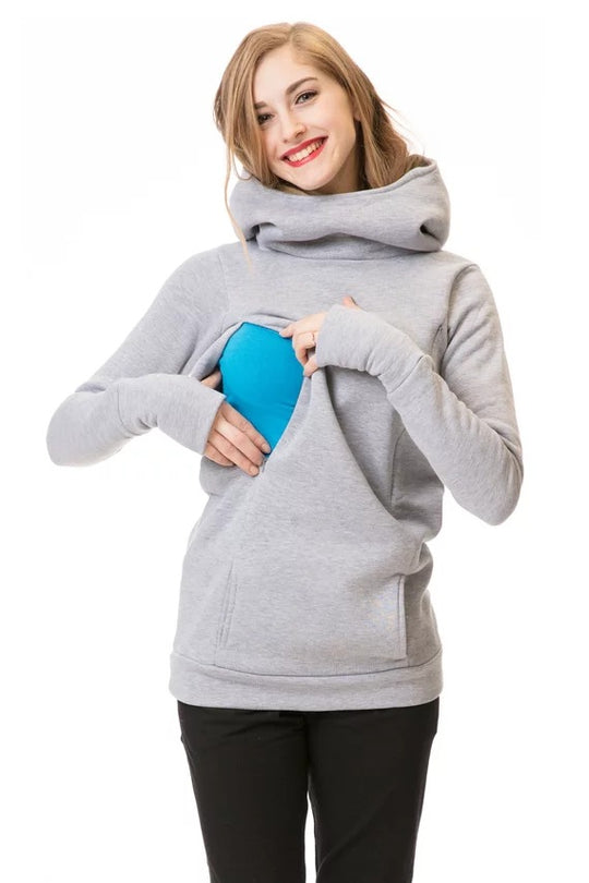 Damen Kapuzenpullover mit weitem Schlauchkragen, Daumenlöchern und Kängurutasche EB