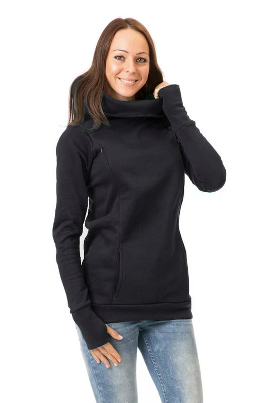 Damen Kapuzenpullover mit weitem Schlauchkragen, Daumenlöchern und Kängurutasche EB