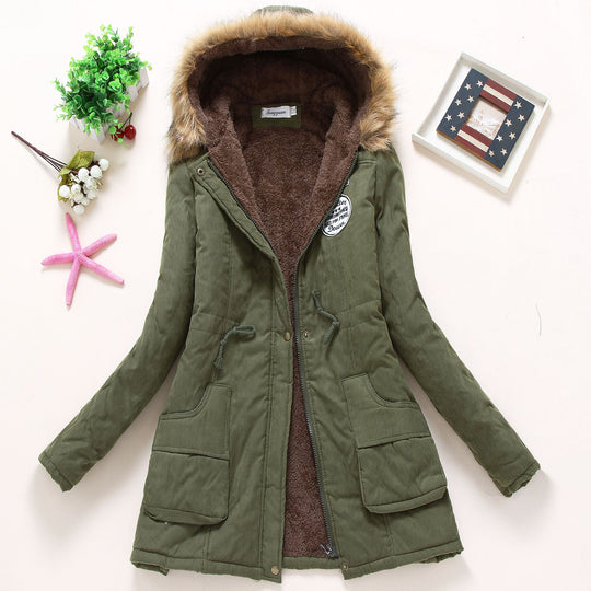Damen Gesteppte Winterjacke mit Abnehmbarem Kunstfellkragen und Praktischen Aufgesetzten Taschen EB