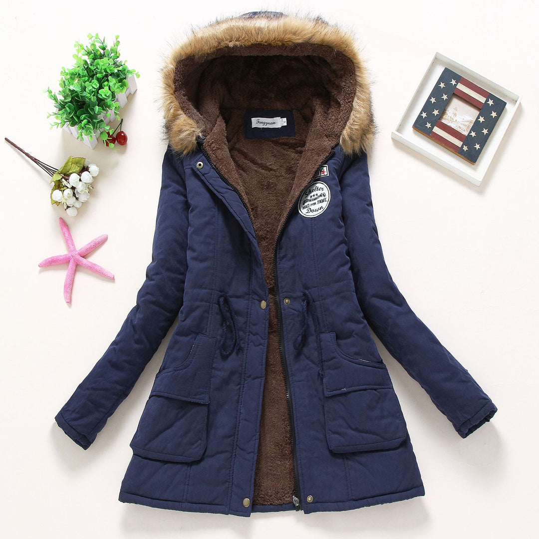 Damen Gesteppte Winterjacke mit Abnehmbarem Kunstfellkragen und Praktischen Aufgesetzten Taschen EB