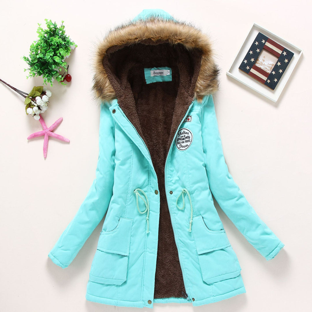 Damen Gesteppte Winterjacke mit Abnehmbarem Kunstfellkragen und Praktischen Aufgesetzten Taschen EB