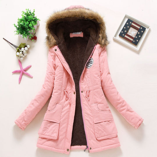 Damen Gesteppte Winterjacke mit Abnehmbarem Kunstfellkragen und Praktischen Aufgesetzten Taschen EB