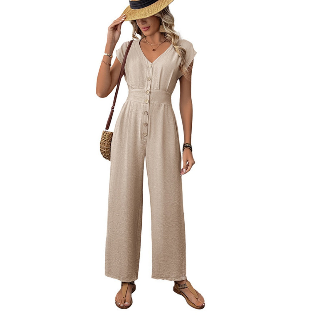 EB | V-Ausschnitt einfarbiger elastischer Overall mit hoher Taille und weitem Bein