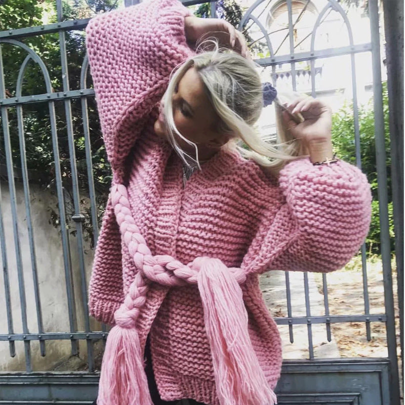 Damen Grobstrick-Cardigan mit geflochtenem Gürtel und langen Ärmeln EB
