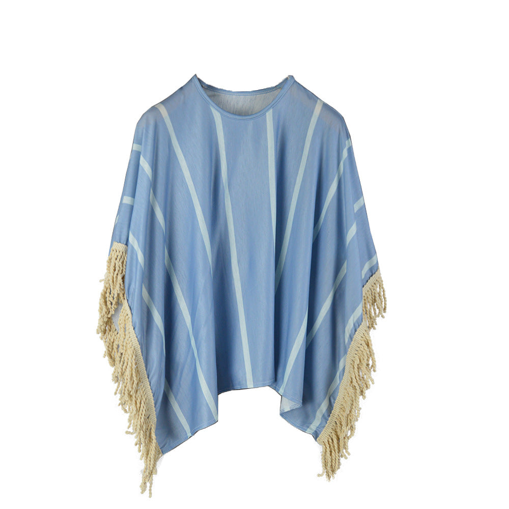 Damen Strandponcho mit fransigem Saum und gestreiftem Design EB