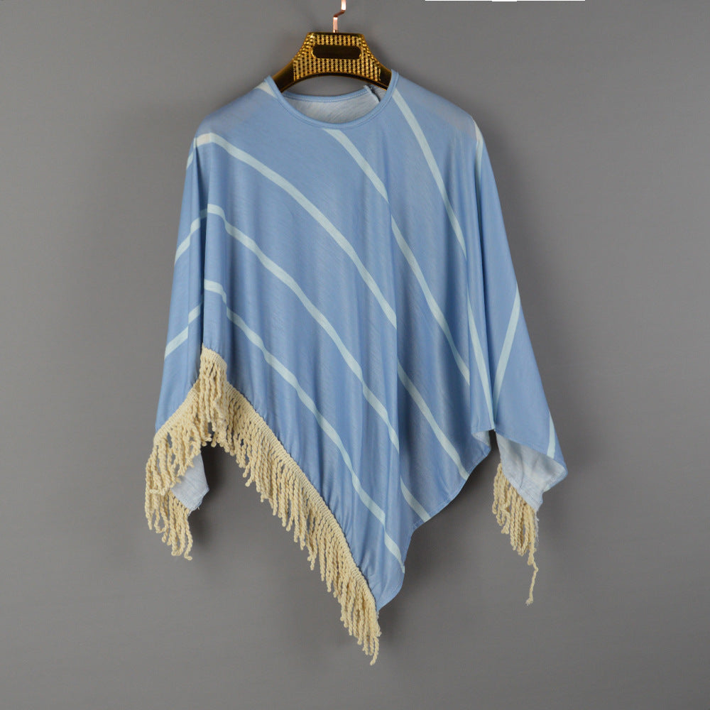 Damen Strandponcho mit fransigem Saum und gestreiftem Design EB