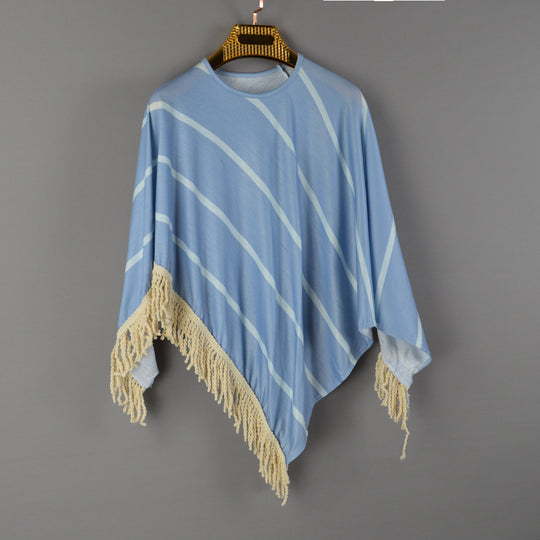 Damen Strandponcho mit fransigem Saum und gestreiftem Design EB