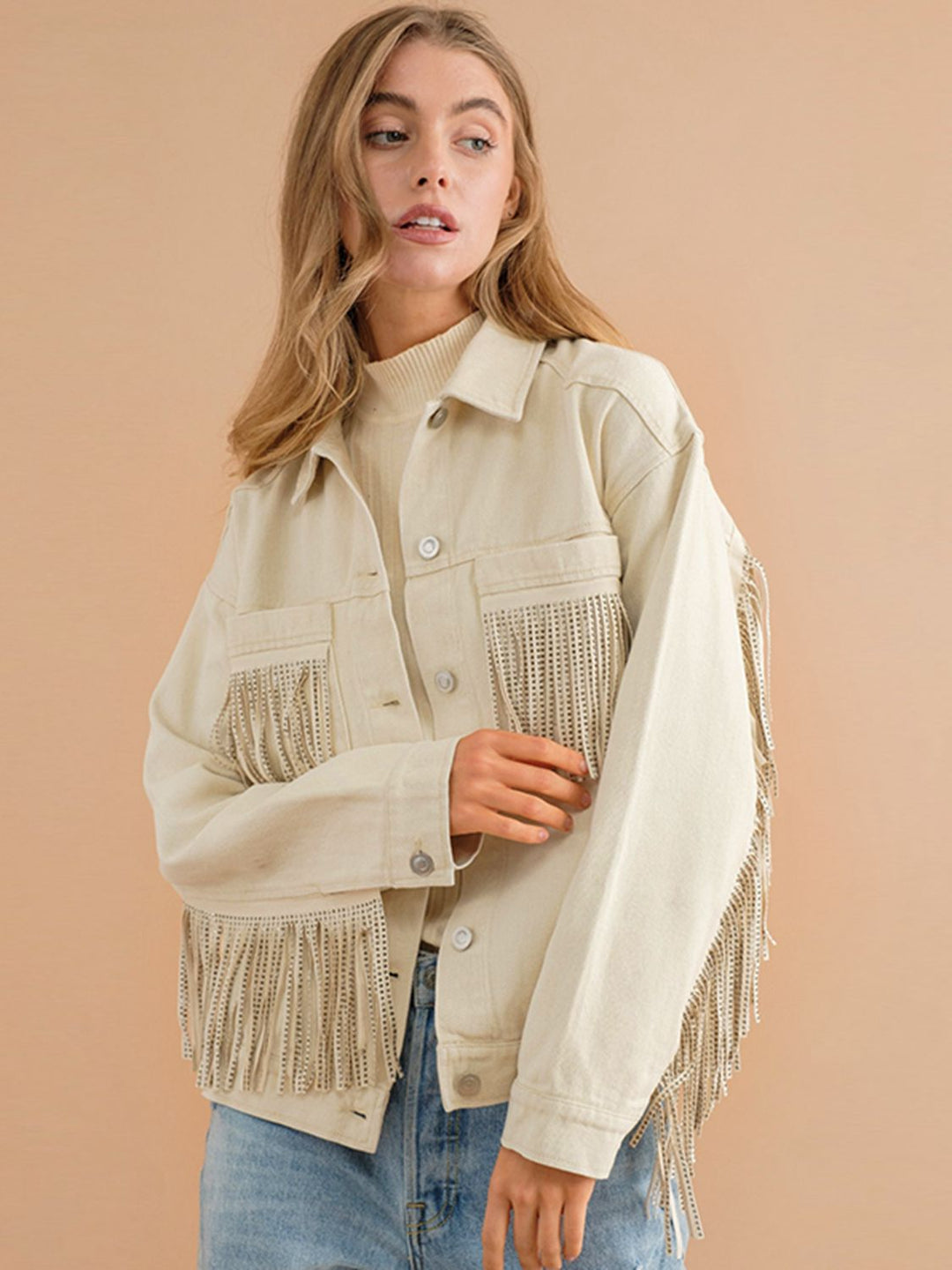EB | Fransen-Detail Gefallene Schulter Denimjacke