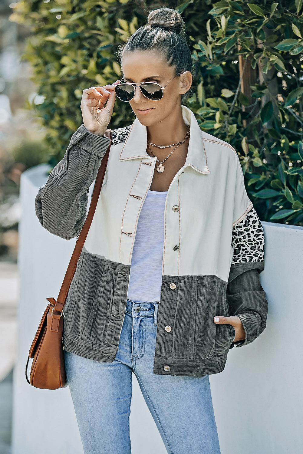 EB | Leopard Farbblock Knopfleiste Cord Baumwolljacke