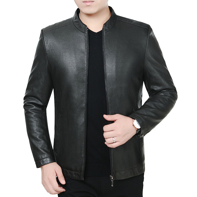 Herren Lederjacke mit Stehkragen und minimalistischer Reißverschlussfront EB
