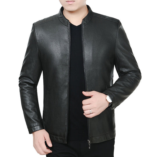 Herren Lederjacke mit Stehkragen und minimalistischer Reißverschlussfront EB