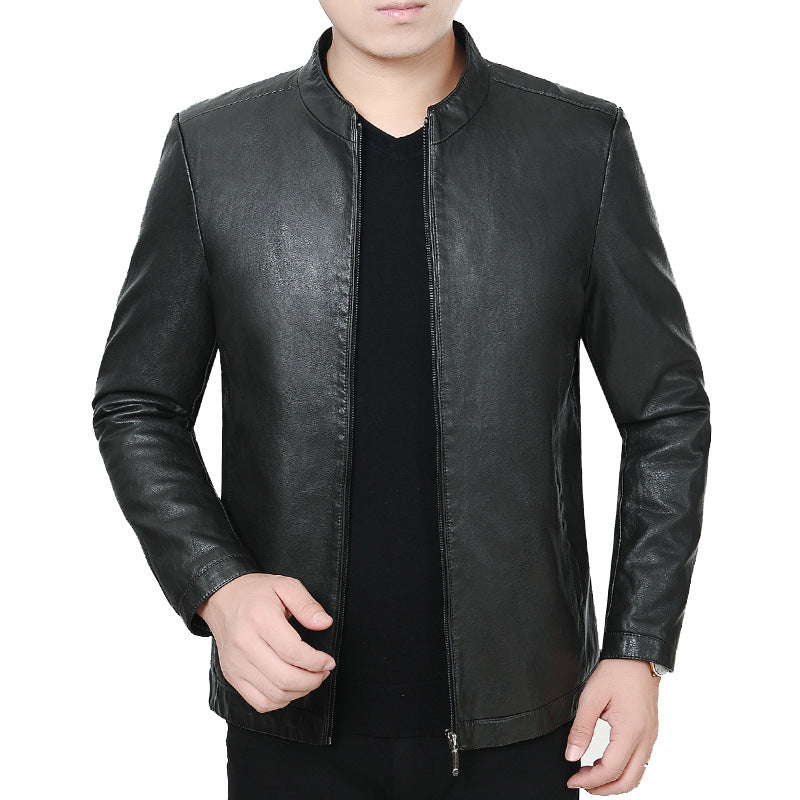 Herren Lederjacke mit Stehkragen und minimalistischer Reißverschlussfront EB