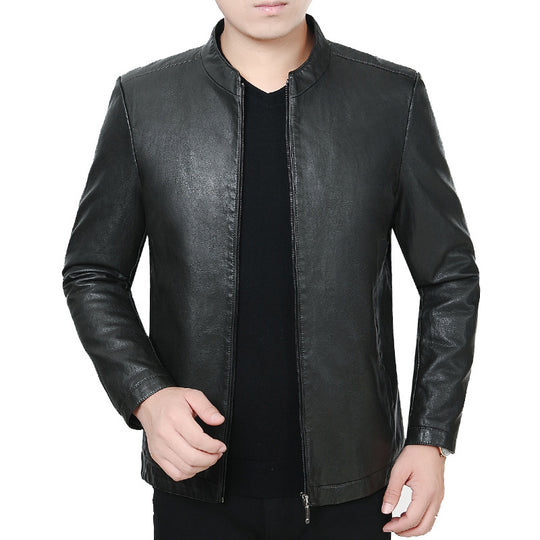 Herren Lederjacke mit Stehkragen und minimalistischer Reißverschlussfront EB