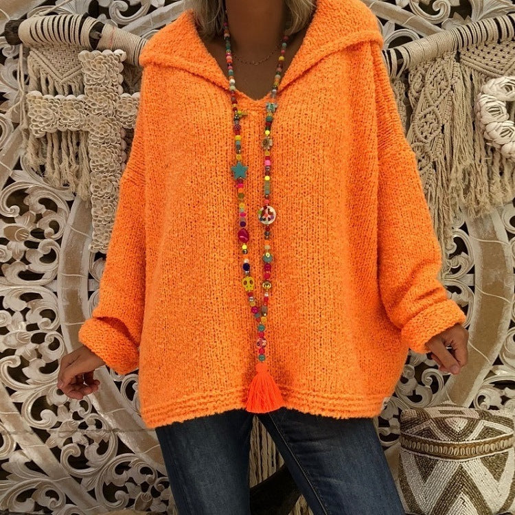 Damen bequemer Strickpullover mit Kapuze und lässigem Schnitt EB