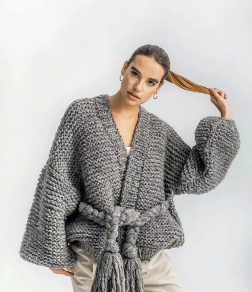 Damen Grobstrick-Cardigan mit geflochtenem Gürtel und langen Ärmeln EB