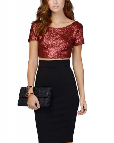 Damen Glamouröses Crop-Top mit Pailletten und leichter A-Linie Rock EB