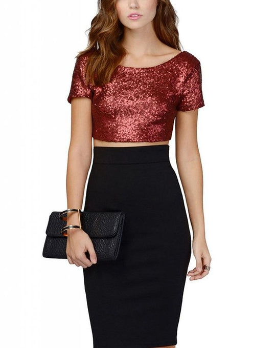 Damen Crop Top mit glamourösem Paillettenbesatz und skaterförmigem Rock EB