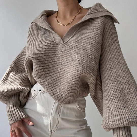 EB | Gemütlicher Strickpullover mit Laternenärmeln und Offenem Kragen