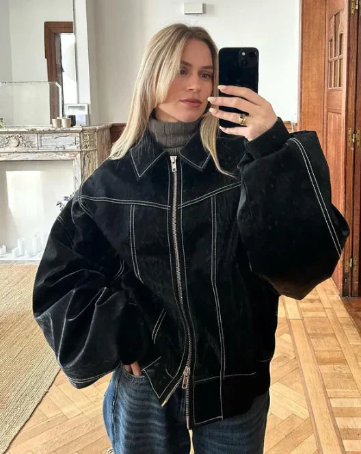 EB | Übergroße Weinlese Lederjacke für Lässigen Schicken Stil