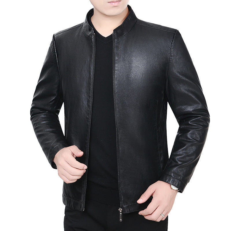 Herren Lederjacke mit Stehkragen und minimalistischer Reißverschlussfront EB