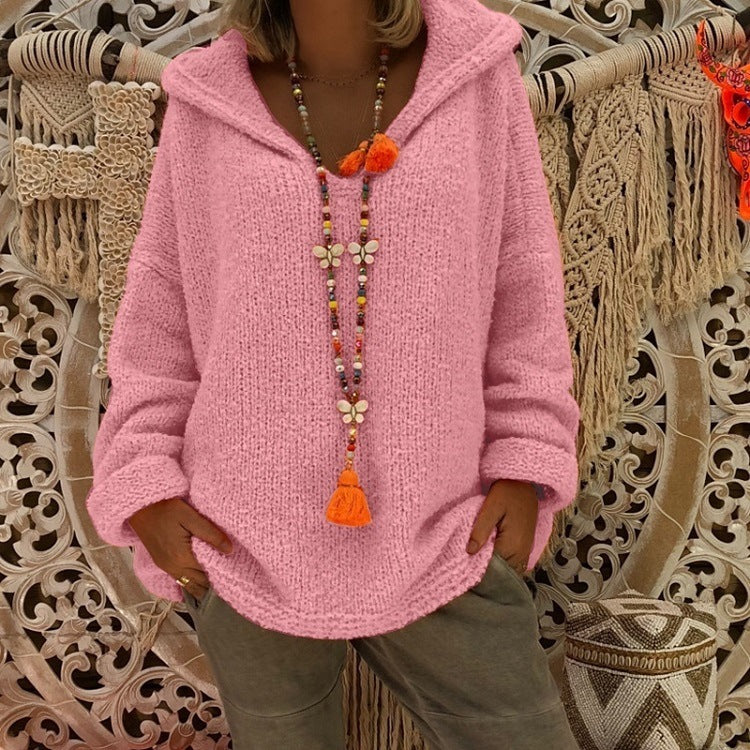 Damen bequemer Strickpullover mit Kapuze und lässigem Schnitt EB