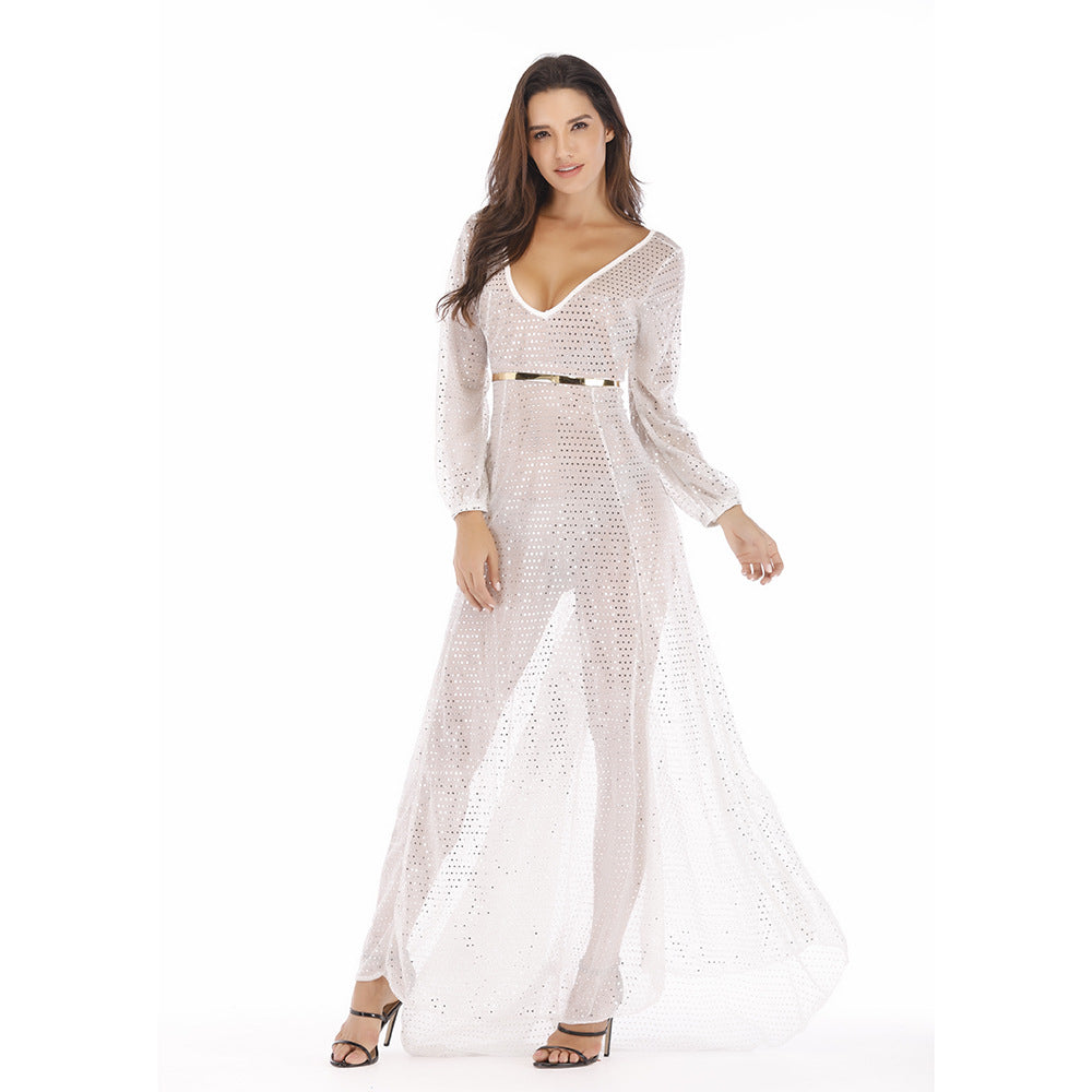 Damen Hochwertiges Abendkleid mit funkelnden Pailletten und transparentem Stoff EB