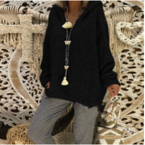 Damen bequemer Strickpullover mit Kapuze und lässigem Schnitt EB