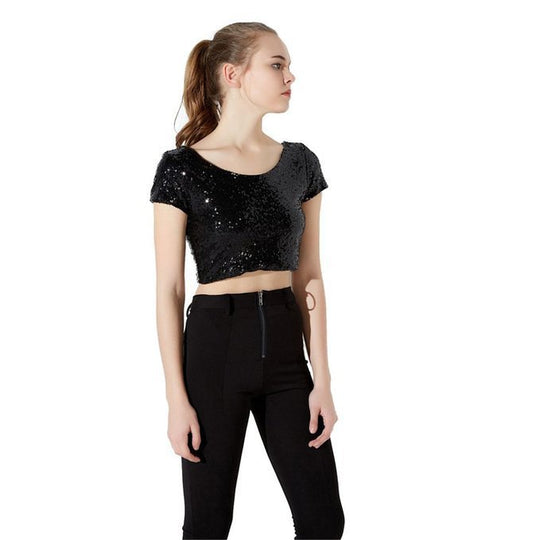 Damen Crop Top mit glamourösem Paillettenbesatz und skaterförmigem Rock EB