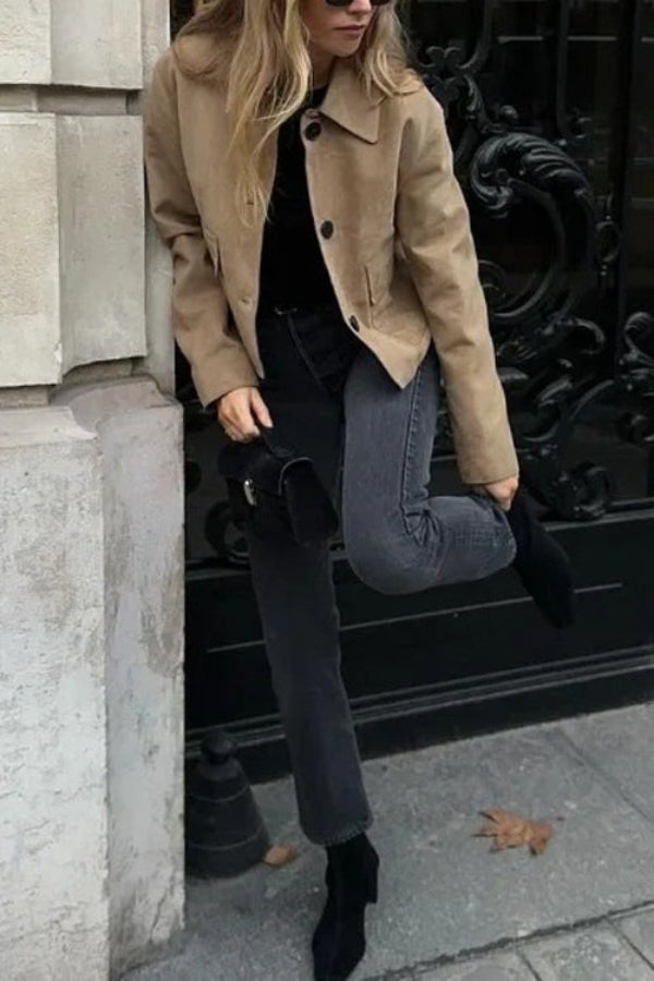 EB | Knopfverschluss Pocket Faux Suede Crop Jacke
