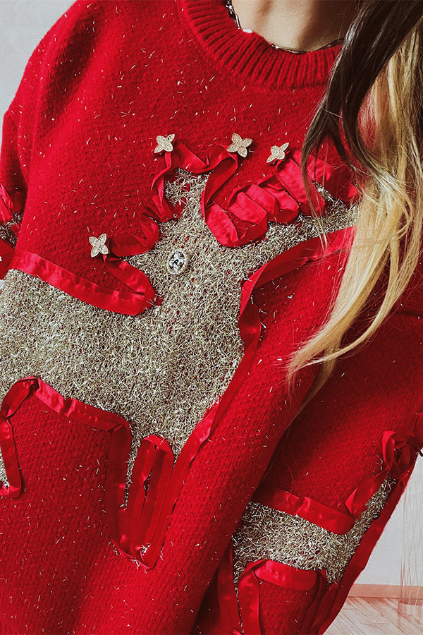 EB | Weihnachtsmuster Gestrickter Rundhalsausschnitt Langarmpullover