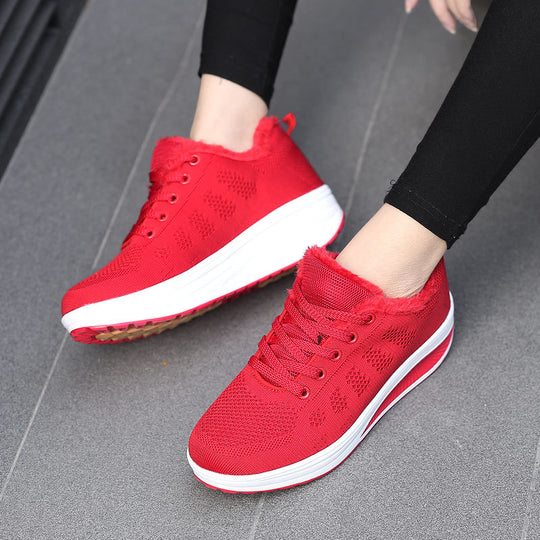 Damen nan gefütterter Strick-Schnürwalkingschuh mit kuscheligem Teddyfutter und ergonomischer Keilsohle EB