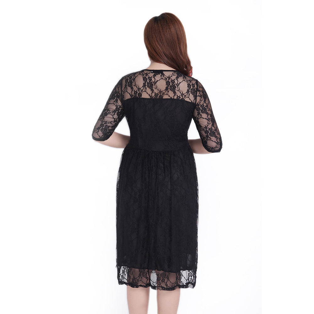 Damen Spitzenkleid mit elegantem Rundhalsausschnitt und schwingendem Rock EB