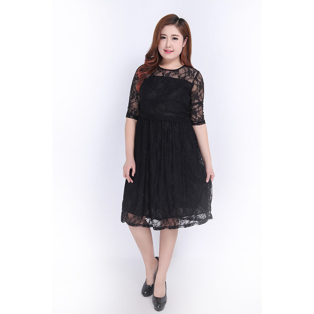 Damen Spitzenkleid mit elegantem Rundhalsausschnitt und schwingendem Rock EB