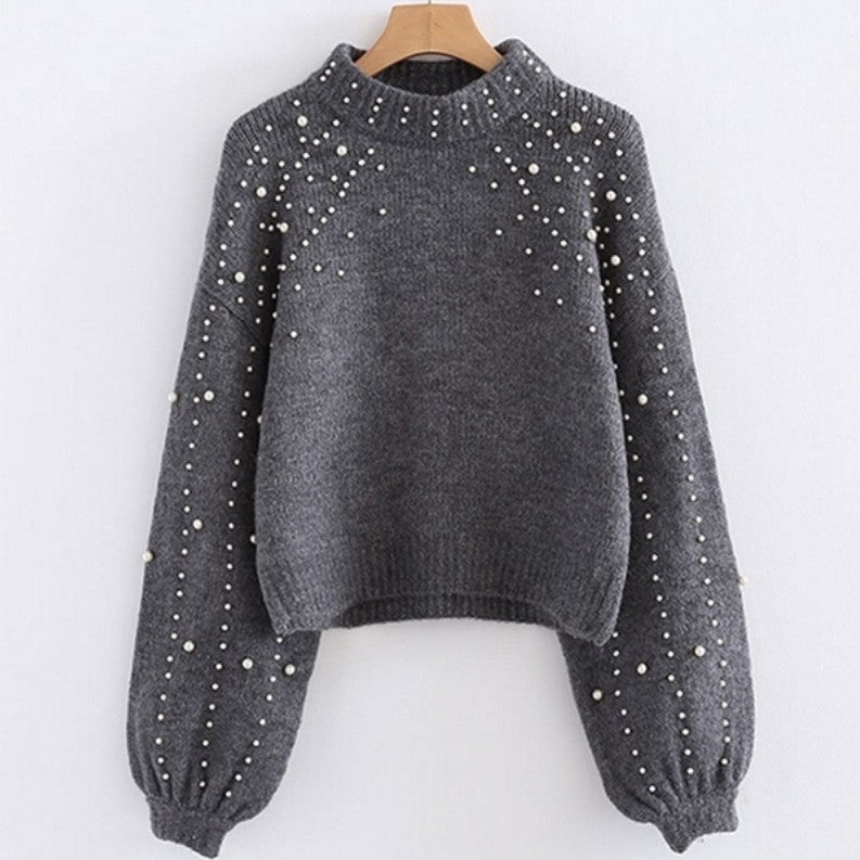 Damen Pullover mit schimmernden Perlendetails und voluminösen Ärmeln EB