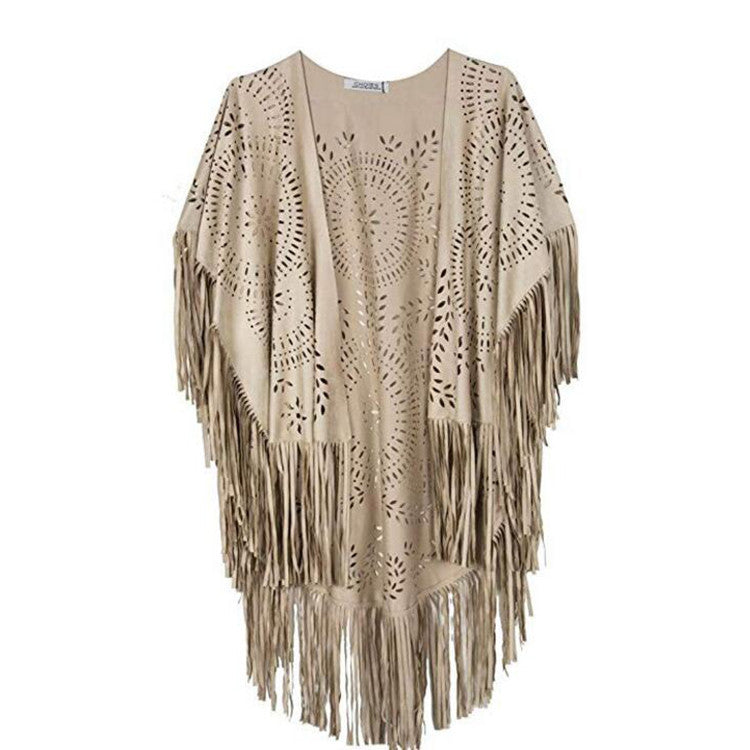 Damen fransiger, leichter Kimono aus Kunstleder mit ausgeschnittenem Muster EB