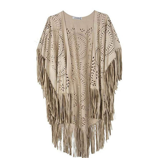 Damen fransiger, leichter Kimono aus Kunstleder mit ausgeschnittenem Muster EB