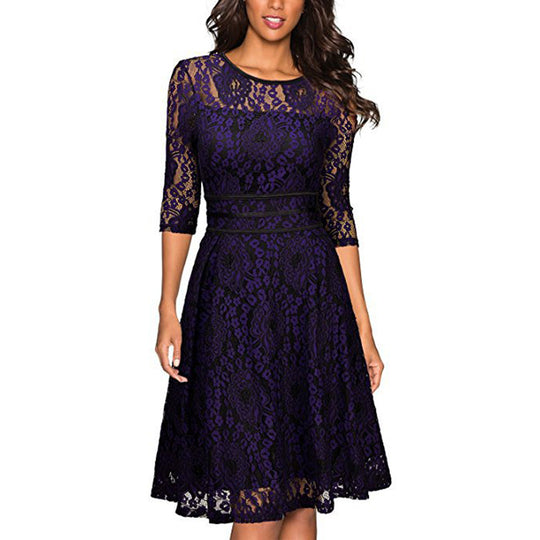 Damen Spitzenkleid mit eleganter Taillenschnürung und schwingendem Rock EB