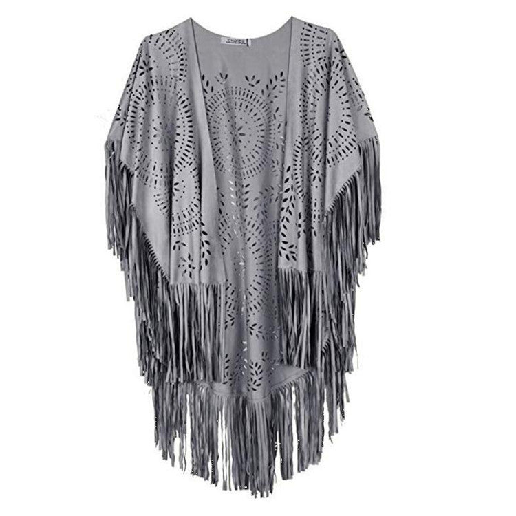 Damen fransiger, leichter Kimono aus Kunstleder mit ausgeschnittenem Muster EB