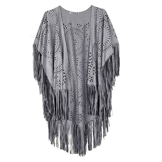 Damen fransiger, leichter Kimono aus Kunstleder mit ausgeschnittenem Muster EB