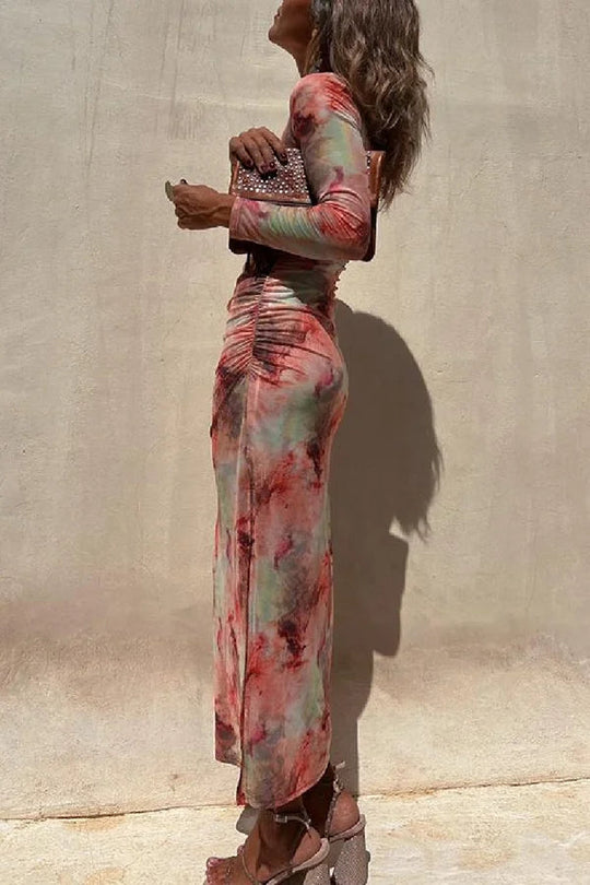 EB | Charm Lady Mesh Overlay Tie Dye Print Langarm Rüsch Stretch Midi Kleid