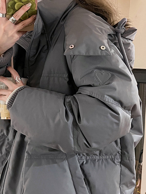 EB | Graue Einfarbige Herz Dekorierte Kapuzen-Pufferjacke