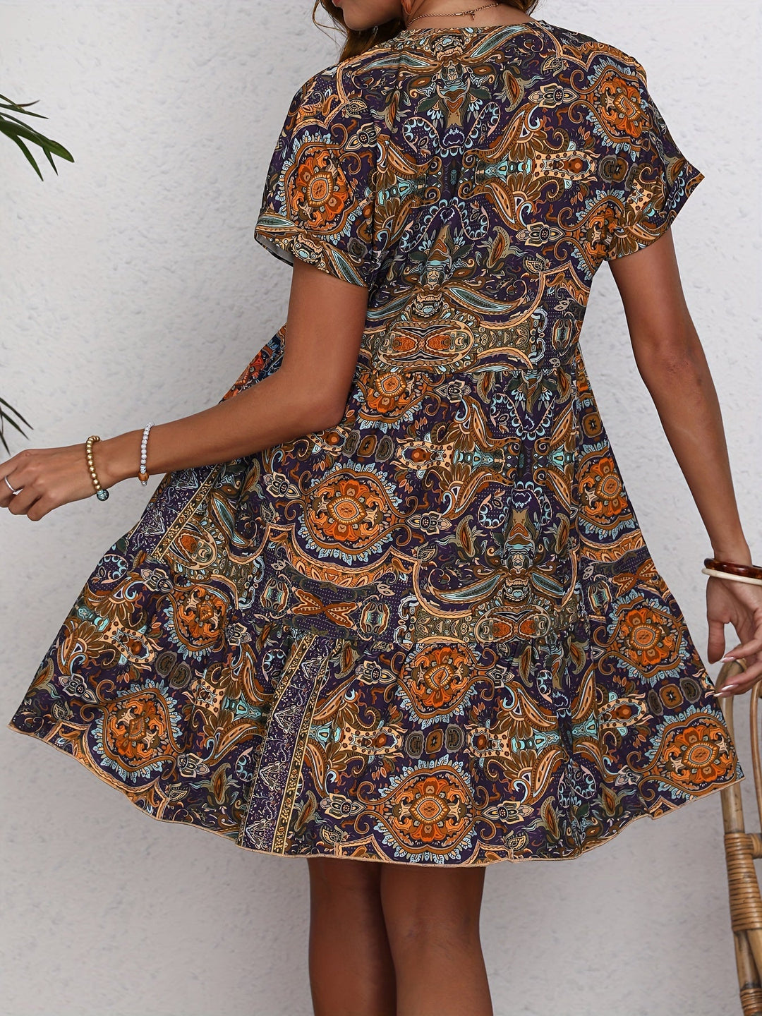 EB | Paisley V-Ausschnitt Kleid Locker Kurzarm Sommerkleid