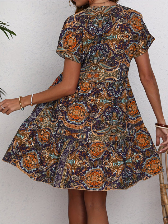 EB | Paisley V-Ausschnitt Kleid Locker Kurzarm Sommerkleid